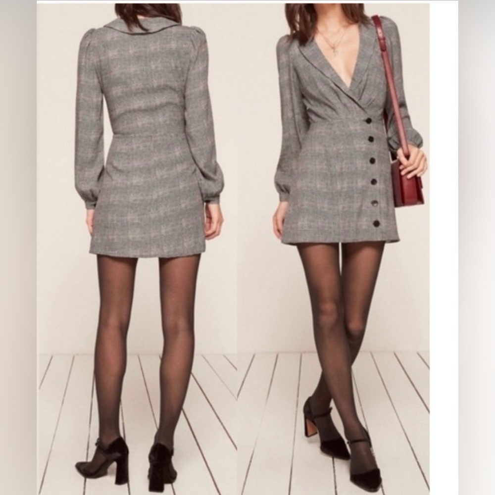 REFORMATION GREY PLAID 'WOODBURY' MINI DRESS🩶